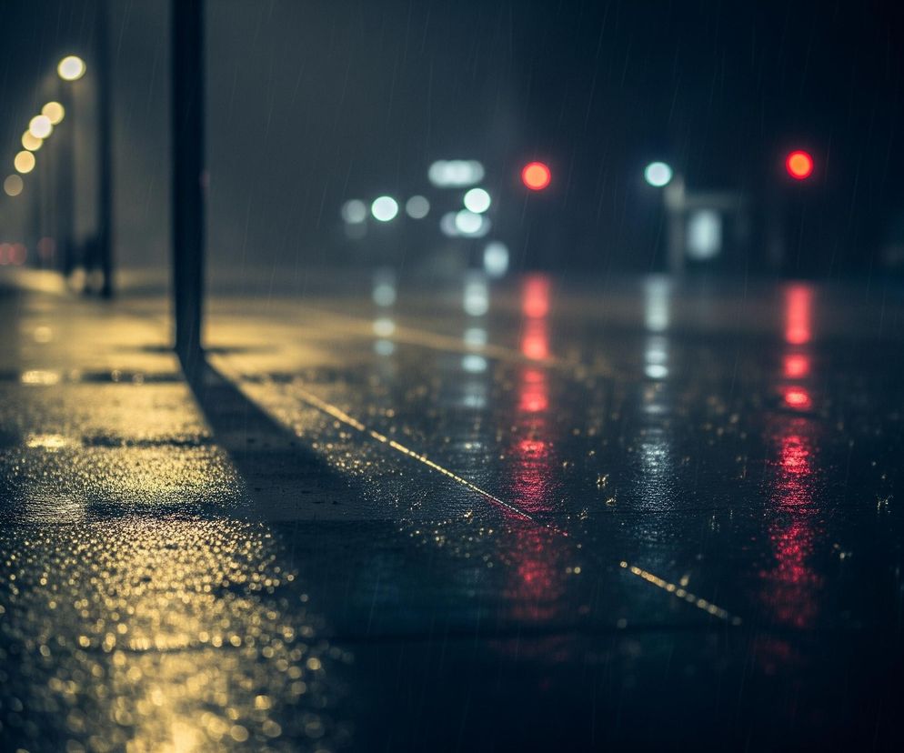 Na zdjęciu widoczna jest mokra ulica w nocy, oświetlona latarniami i światłami samochodów. Deszcz pada, tworząc smugi i odbicia na ciemnej, lśniącej nawierzchni. Po lewej stronie ciągnie się rząd żółtych świateł latarni, których blask odbija się na drodze, a dalej w tle widać rozmyte czerwone i białe światła.
