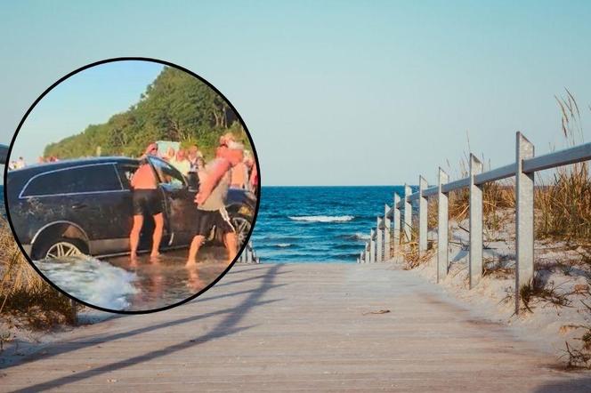 Samochód zakopał się na plaży niedaleko Mielna. Woda zaczęła podtapiać auto