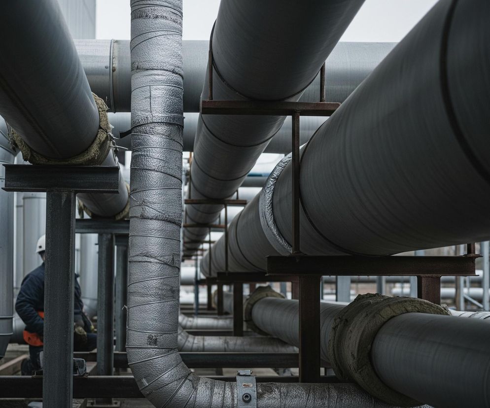 Duże, poziome rury o różnych średnicach dominują kadr, biegnąc równolegle i krzyżując się. Wiele z nich jest pokrytych szarą izolacją termiczną, częściowo zwiniętą lub obwiązaną drutem, podczas gdy inne mają gładką, metaliczną powierzchnię. Konstrukcje wsporcze w odcieniach brązu i szarości utrzymują rury na różnych wysokościach, a w tle widać fragment postaci w kasku i roboczej odzieży, oraz drzewa bez liści na horyzoncie.