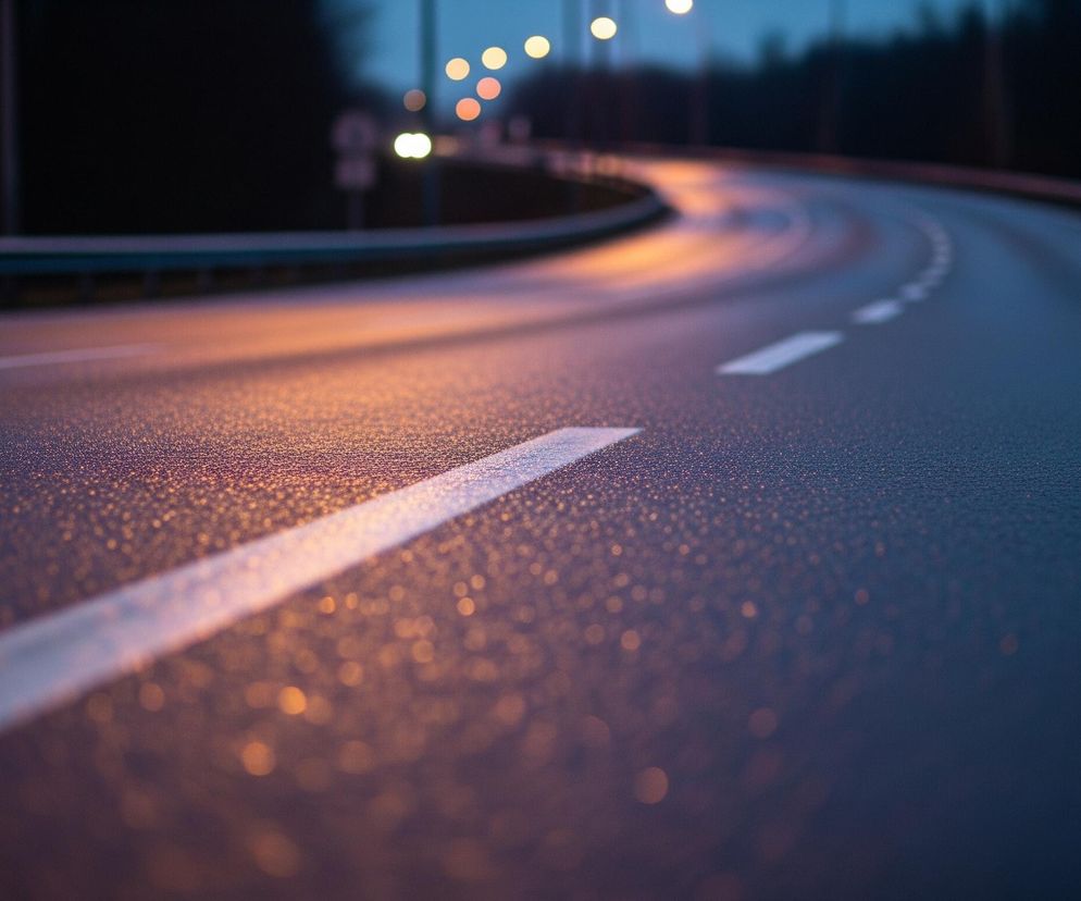 Asfaltowa droga, pokryta licznymi drobnymi kroplami wody, zakręca w prawo, z lewej strony widoczna jest metalowa barierka ochronna. Na pierwszym planie biała, ciągła linia rozdziela ciemny, niemal czarny obszar od bardziej oświetlonego fragmentu jezdni. Pomarańczowe światła uliczne, rozmazane w postaci okrągłych plam bokeh, odbijają się od mokrej nawierzchni, tworząc ciepłe refleksy. W tle, pod błękitno-szarym niebem, widoczna jest ciemna sylwetka lasu, z kilkoma jaśniejszymi punktami świateł w oddali.