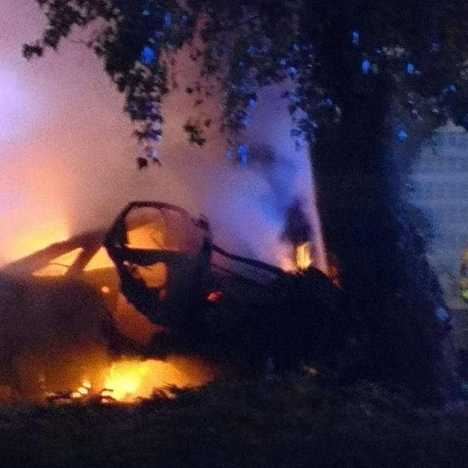 Potworny wypadek w Płocku. Wypadli z drogi, uderzyli w drzewo. Dwoje ludzi spłonęło w samochodzie	