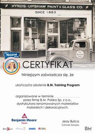 Certyfikat potwierdzający udział w szkoleniu B.M. Training Program