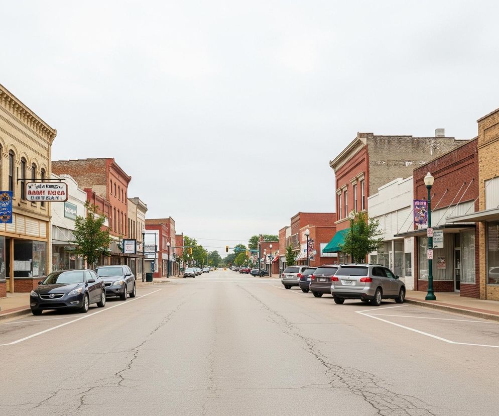 Długa, pusta ulica rozciąga się w głąb kadru, otoczona po obu stronach dwu- i trzypiętrowymi budynkami handlowymi z cegły w różnych odcieniach beżu, brązu i czerwieni. Po obu stronach ulicy zaparkowane są samochody osobowe i SUV-y, a wzdłuż chodników rosną młode drzewa. Słupy oświetleniowe, znaki drogowe i markizy sklepowe dodają detali architekturze, a ruch uliczny jest niewidoczny poza kilkoma zaparkowanymi pojazdami.