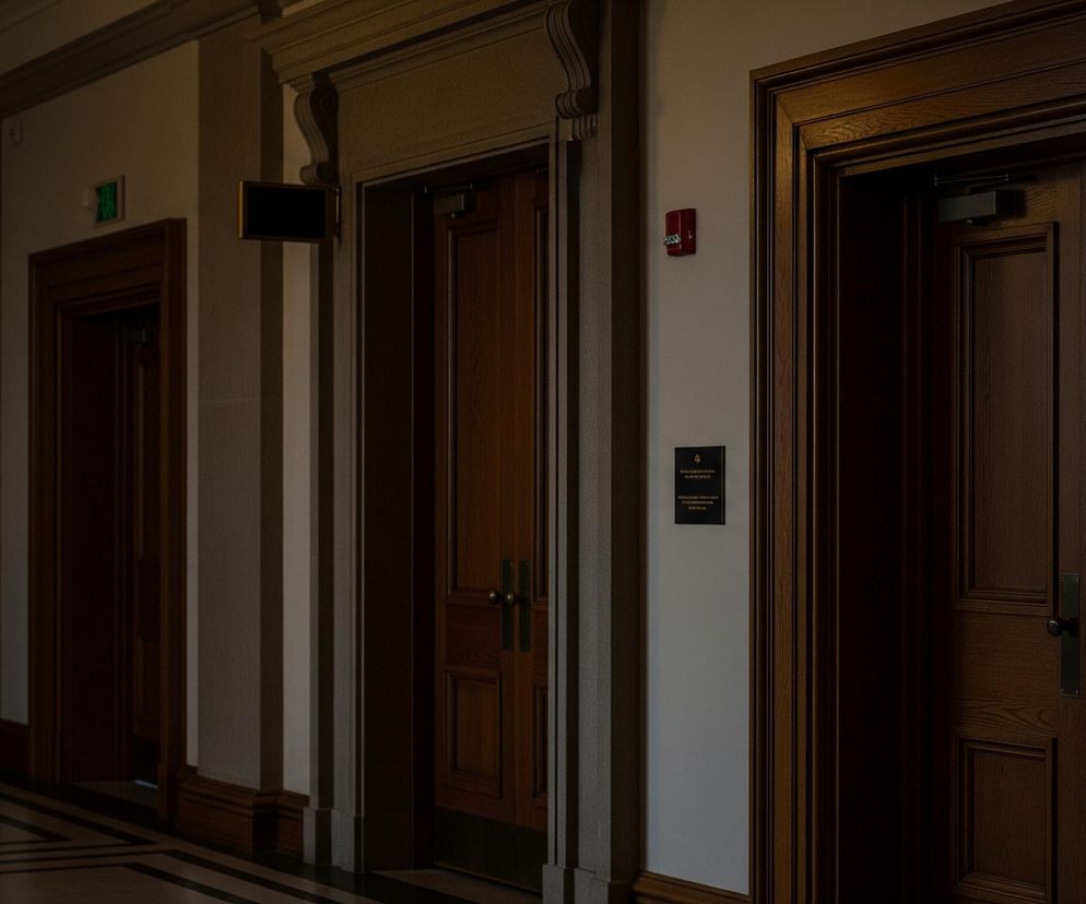 Trzy drewniane drzwi z ciemnego drewna, rzeźbione w prostokątne panele, umieszczone są wzdłuż jasnej ściany korytarza. Pierwsze drzwi po lewej są częściowo widoczne w głębi, drugie znajdują się w centrum, otoczone ozdobną kamienną ościeżnicą z gzymsem i wspornikami, a trzecie, podwójne drzwi, zajmują prawą stronę kadru. Nad drzwiami po prawej stronie widać czerwoną skrzynkę alarmową oraz małą, czarną tabliczkę z białym napisem i symbolami. Na suficie, w lewym górnym rogu, zwisa świecąca, podłużna lampa w metalowej, zdobionej oprawie. Podłoga wyłożona jest jasnymi płytkami z ciemnymi, geometrycznymi wzorami.