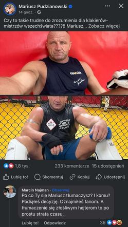 Marcin Najman napisał do Mariusza Pudzianowskiego