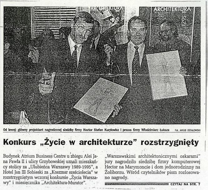 Konkurs „Życie w architekturze” rozstrzygnięty, „Życie Warszawy” nr 8/1996, 10.01.1996