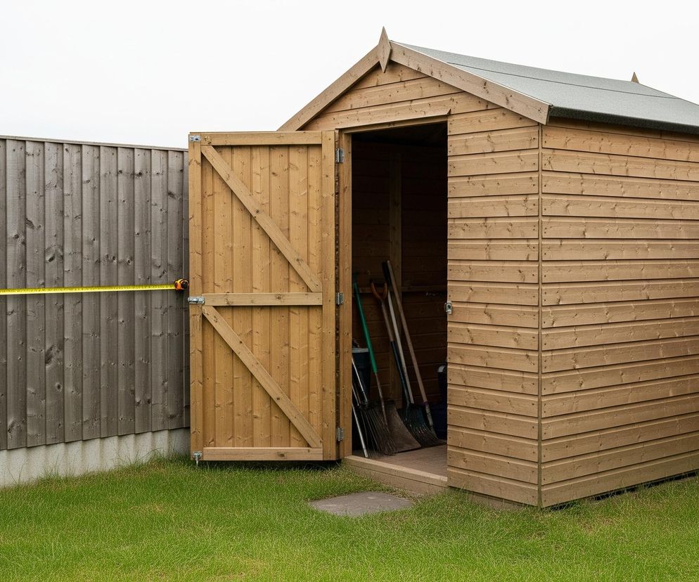 Drewniana szopa ogrodowa z otwartymi drzwiami stoi na zielonej trawie. Jej ściany są wykonane z poziomych, jasnobrązowych desek, a dach pokryty jest szarym, bitumicznym materiałem. We wnętrzu szopy widać różnorodne narzędzia ogrodowe, takie jak łopaty i grabie, ustawione pionowo. Z lewej strony szopy znajduje się drewniany płot w ciemnoszarym kolorze, a na jego tle wisi żółta miarka zwijana. Niebo jest jasne i jednolite, bez widocznych chmur.