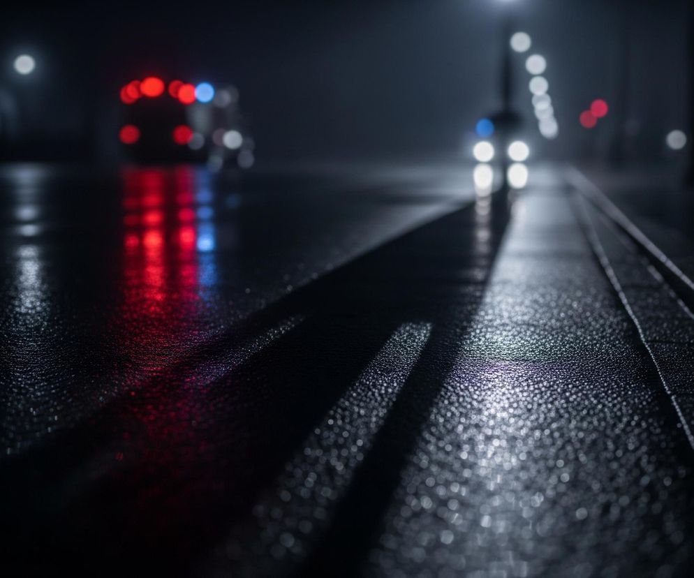 Mokre, czarne podłoże drogi pokryte jest drobnymi kroplami, odbijającymi światło. Na pierwszym planie, po prawej stronie, widać jasne, rozmyte światła pochodzące od nadjeżdżającego pojazdu, tworzące długie, białe pasy odbite na mokrej nawierzchni. W tle, po lewej stronie, znajdują się rozmyte czerwone i niebieskie światła pojazdu, prawdopodobnie samochodu uprzywilejowanego, których blask również odbija się na drodze. Całość utrzymana jest w ciemnej tonacji, z dominującymi barwami czerni, błękitu i czerwieni, tworząc nocną, mglistą lub deszczową atmosferę ulicy.
