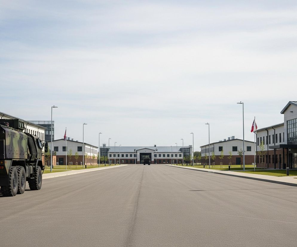 Na pierwszym planie po lewej stronie znajduje się duży, wojskowy pojazd ciężarowy z kamuflażem w odcieniach zieleni, brązu i czerni, stojący tyłem do widza. Pojazd ma sześć kół z widocznymi bieżnikami, błotniki oraz tablicę rejestracyjną z białymi cyframi na czarnym tle. Pośrodku obrazu rozciąga się szeroka, asfaltowa droga prowadząca w głąb perspektywy, otoczona po obu stronach niskimi budynkami o jasnych elewacjach z elementami ceglanymi i ciemnymi dachami. Między budynkami widać rzędy młodych drzewek i latarnie uliczne, a na tle nieba widnieje błękitne niebo z delikatnymi białymi chmurami.