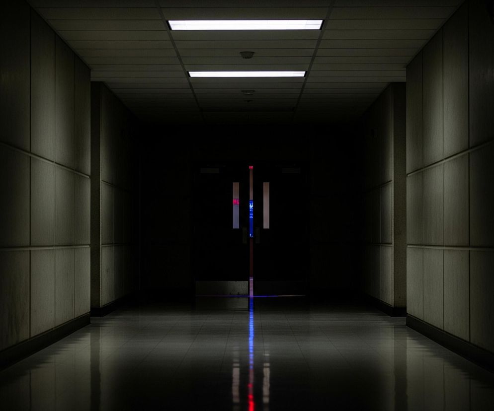 Długi, ciemny korytarz rozciąga się w głąb obrazu, z dwiema świecącymi, białymi lampami fluorescencyjnymi umieszczonymi na suficie blisko początku. Ściany są panelowane, w odcieniach szarości, z wyraźnymi poziomymi i pionowymi liniami, zanikającymi w ciemnościach. Na końcu korytarza widoczne są drzwi z pionowymi smugami światła w kolorze czerwonym i niebieskim, które odbijają się na błyszczącej, czarnej posadzce.