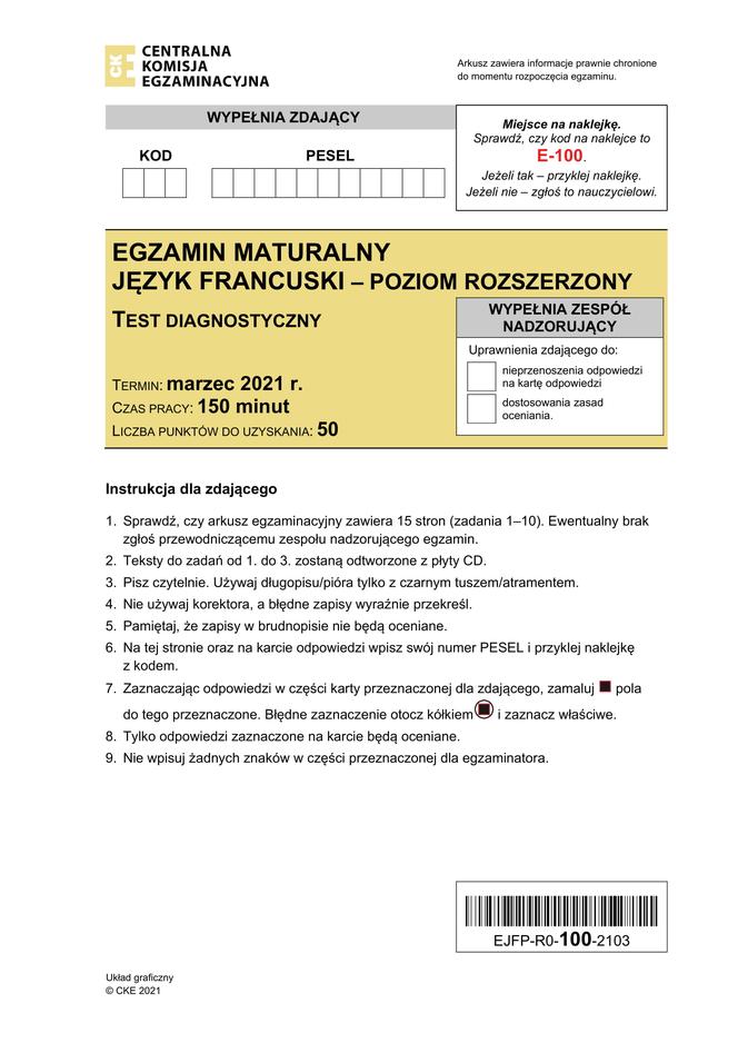 Matura 2021: Język francuski- poziom rozszerzony  [ARKUSZE CKE]