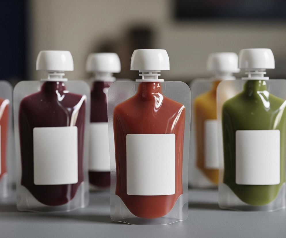 Rząd torebek z jedzeniem, każda w kształcie zaokrąglonego prostokąta, stoi na szarej powierzchni. Torebki wypełnione są kolorowymi płynami: od lewej widoczne są czerwony, bordowy, jaskrawo pomarańczowy, zielony i żółty. Wszystkie torebki mają białe, zaokrąglone kwadratowe etykiety na przedniej stronie oraz białe, grube nakrętki na górze, z wyjątkiem jednej torebki w kolorze bordowym, której etykieta jest częściowo zakryta. Tło jest rozmyte, z widocznymi odcieniami szarości i granatu.