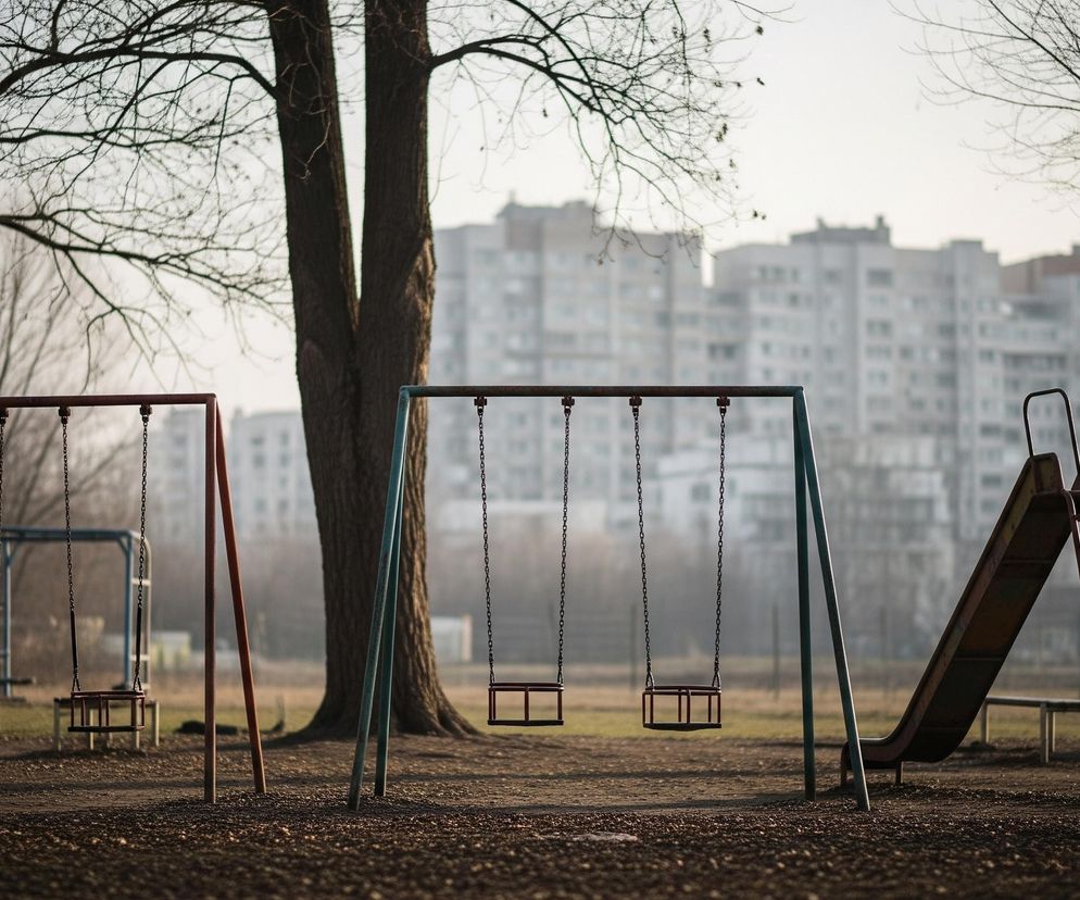 Na pierwszym planie, od lewej strony, widoczna jest czerwona rama huśtawki z dwoma pustymi siedzeniami zawieszonymi na łańcuchach. Obok, pośrodku kadru, stoi większa huśtawka o stalowo-zielonej ramie, również z dwoma pustymi siedzeniami i metalowymi łańcuchami. Po prawej stronie kadru znajduje się czerwona zjeżdżalnia z drabinką, której ślizg jest lekko zardzewiały. Wszystkie te elementy placu zabaw są ustawione na ciemnej, ziemistej powierzchni, która wygląda na lekko pokrytą liśćmi lub drobnymi kamieniami, a w tle widać trzy duże drzewa o ciemnych, nagich gałęziach. Za drzewami, na horyzoncie, rozciąga się szereg szarych budynków mieszkalnych o wielu oknach, zlewających się z jasnym, zamglonym niebem.