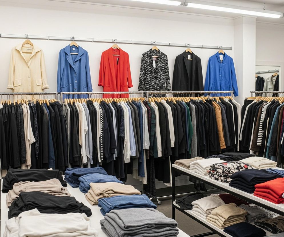 Pomieszczenie sklepowe jest wypełnione ubraniami, z rzędami zawieszonych na wieszakach marynarek i płaszczy oraz stosami złożonych ubrań na stołach. Na górnym poziomie, na tle jasnej ściany, wisi osiem marynarek lub płaszczy: beżowy dwurzędowy płaszcz, kremowy żakiet, niebieska kurtka, czerwony żakiet, czarny żakiet w białe kropki, czarny żakiet, niebieska kurtka i szarobłękitny płaszcz. Pod nimi, na dwóch metalowych drążkach, zwisają liczne koszule, bluzki i swetry w różnych odcieniach czerni, bieli, beżu, niebieskiego i szarego, tworząc gęste rzędy. Na pierwszym planie, na trzech białych stołach, leżą starannie złożone stosy ubrań, głównie t-shirtów i swetrów, w kolorach takich jak beżowy, czarny, biały, czerwony, niebieski i szary, niektóre z nich mają wzory.