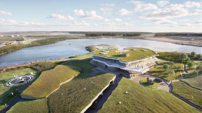 Brownfield - biurowiec na post-industrialnym terenie kopalni otoczonym przez sztuczne jeziora