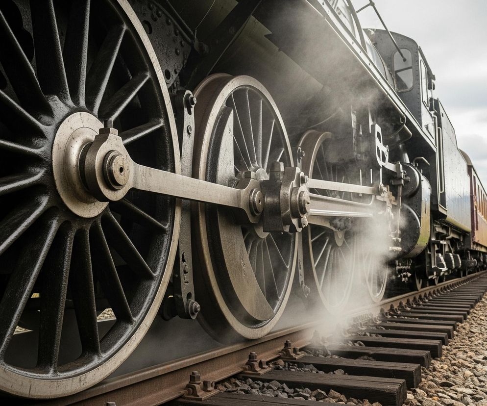 Lewa strona kadru ukazuje trzy duże, ciemne koła parowozu z jasnymi, metalicznymi obręczami i piastami, połączone metalowymi korbowodami. Z dolnej części lokomotywy unosi się biała para, tworząc smugę dymu. Pociąg stoi na torach kolejowych, składających się z metalowych szyn i drewnianych podkładów, spoczywających na warstwie tłucznia. W prawym planie widoczny jest szlak kolejowy biegnący przez pagórkowaty, zalesiony krajobraz, gdzie drzewa prezentują jesienne kolory. Nad całością rozciąga się zachmurzone niebo.
