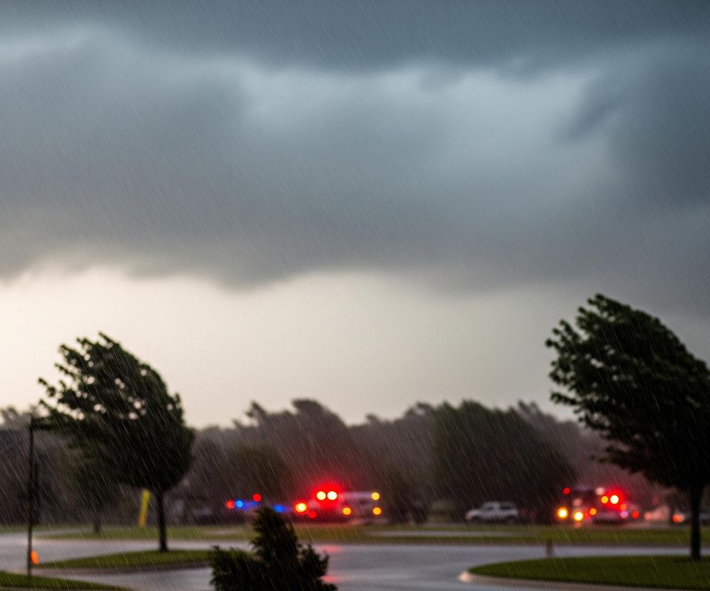 Na pierwszym planie widoczna jest uliczna droga, zakręcająca w prawo, z mokrą nawierzchnią i trawnikiem po bokach. Silnie pada deszcz, widoczne są liczne, skośne smugi kropel wody. Dwa drzewa z ciemnozielonymi liśćmi, pochylone przez wiatr, dominują w środkowej części obrazu, a w tle widać ciemne sylwetki budynków i gęste skupisko drzew. Dalej, na drodze, rozmyte kształty pojazdów emitują jasne, czerwone i niebieskie światła alarmowe, sugerując obecność służb ratunkowych, wszystko to dzieje się pod burzowym, ciemnoszarym niebem.