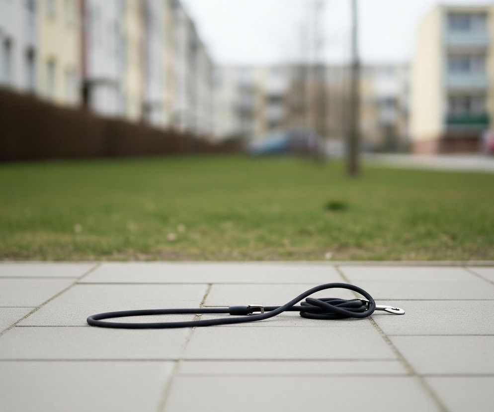 Na pierwszym planie, na szarej chodnikowej kostce, leży zwinięta smycz dla psa w ciemnym kolorze, zakończona metalowym karabińczykiem. Chodnik rozciąga się od dołu zdjęcia do jego centrum, a za nim widoczny jest pas zielonej trawy. W tle, rozmyte, znajdują się rzędy bloków mieszkalnych o jasnych elewacjach, z widocznymi balkonami.