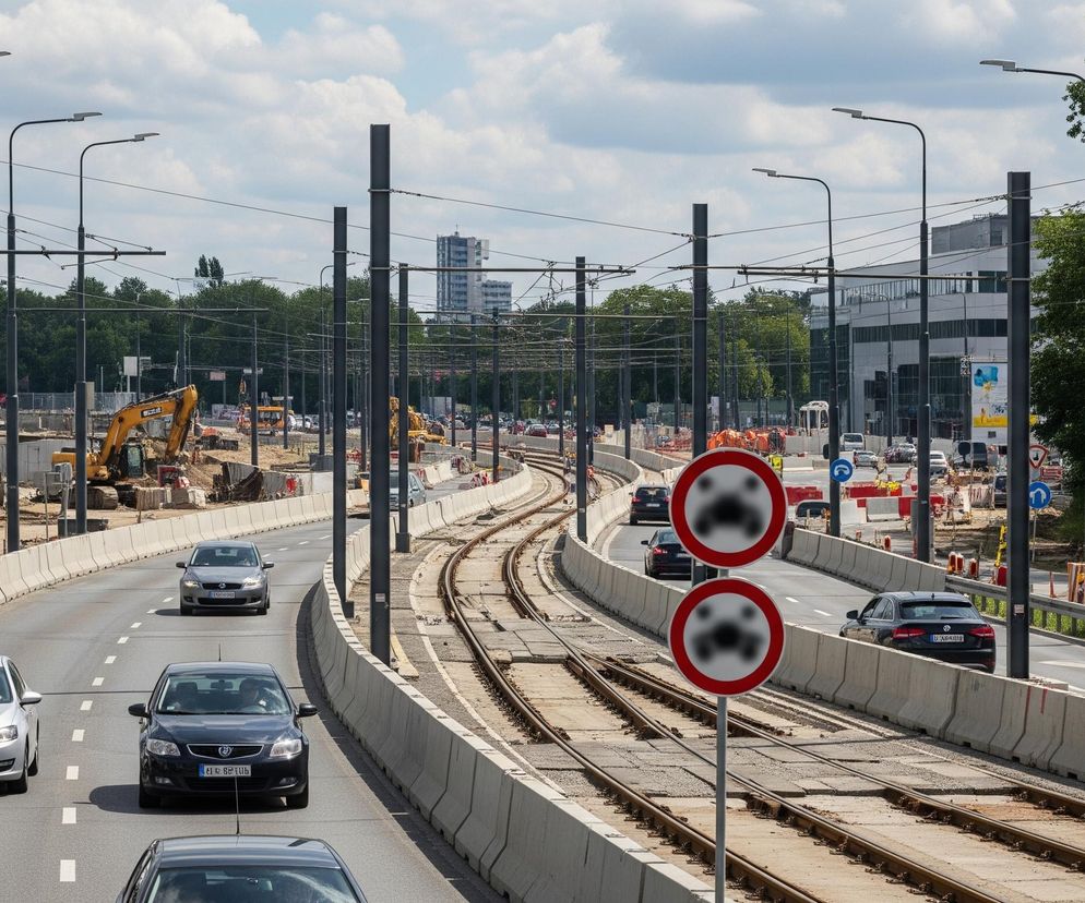 Ruchliwą ulicę z równoległymi torami tramwajowymi, otoczoną po lewej stronie placem budowy, a po prawej budynkami i zielenią. W centrum kadru biegną dwie drogi samochodowe i podwójne tory tramwajowe, rozdzielone betonowymi barierami. Na drodze po lewej stronie widoczne są cztery samochody jadące w kierunku widza, a na prawej drodze, zakręcającej w prawo, również poruszają się samochody w oddali. Na placu budowy po lewej widoczne są żółte koparki i inne maszyny budowlane. Na niebie widoczne są rozproszone białe chmury, a liczne słupy oświetleniowe i trakcyjne przecinają przestrzeń, tworząc gęstą sieć przewodów.