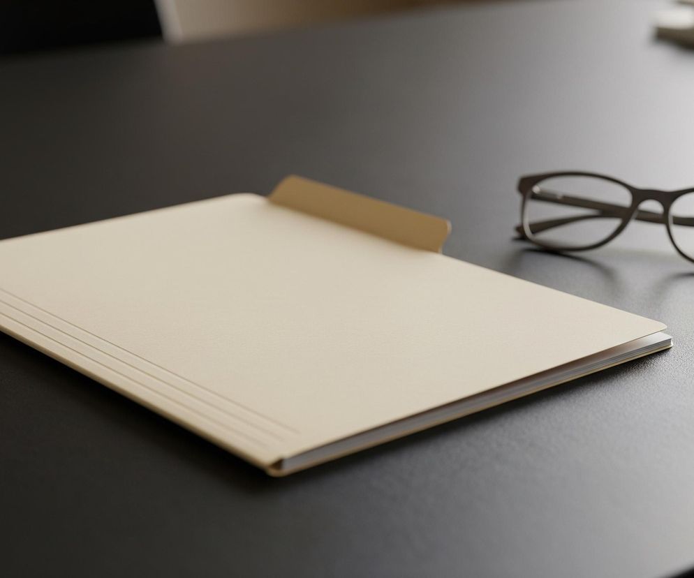 Na ciemnym, matowym blacie leży otwarty, beżowy folder lub segregator z trzema poziomymi, wytłoczonymi liniami na grzbiecie. Obok niego, nieco dalej w prawo, znajdują się czarne okulary korekcyjne. W tle, na rozjaśnionym obszarze, widać niewyraźny zarys kolejnego obiektu biurowego, prawdopodobnie stosu dokumentów lub pudełka.