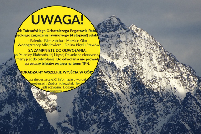 W Tatrach jest ekstremalnie niebezpiecznie! Czwarty stopień zagrożenia lawinowego, droga do Morskiego Oka zamknięta