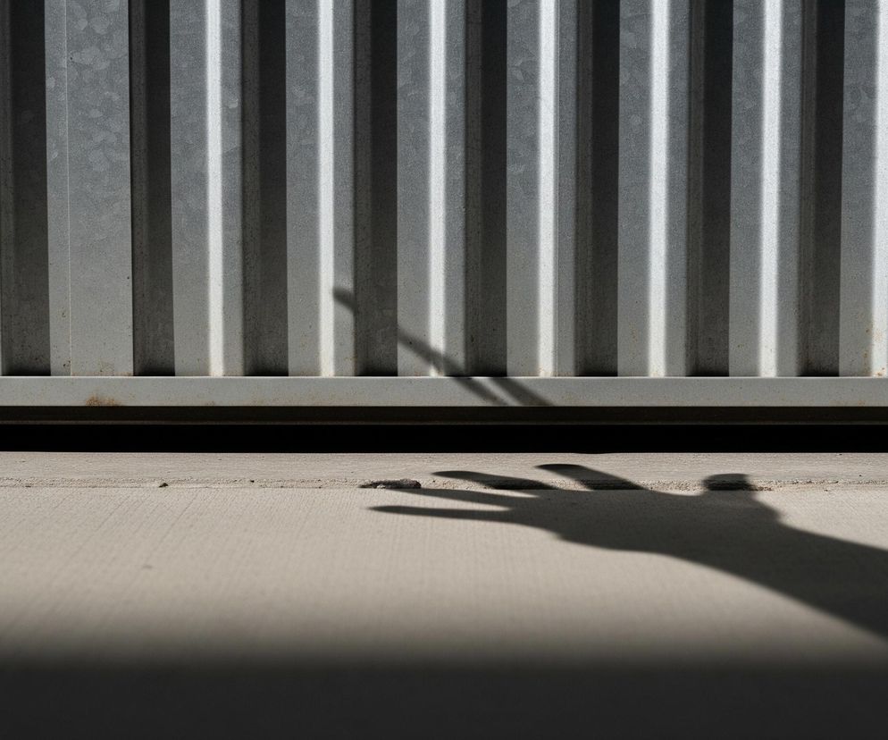 Na pierwszym planie widoczna jest duża, szara płaszczyzna, prawdopodobnie betonowa nawierzchnia, na którą pada rozmyty cień. Cień w kształcie dłoni z rozstawionymi palcami oraz drugi, wydłużony cień przed dłonią rzucają się na nią od lewej strony. W tle znajduje się pofałdowana, metalowa ściana w odcieniach szarości z pionowymi pasami o zmiennym oświetleniu, gdzie jaśniejsze pasy sąsiadują z ciemniejszymi. Na metalowej powierzchni widać drobne, pomarańczowo-brązowe plamy, sugerujące rdzę.