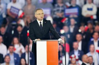 Wybory prezydenckie 2025. Wielkie zaskoczenie. Andrzej Duda na konwencji Karola Nawrockiego w Łodzi