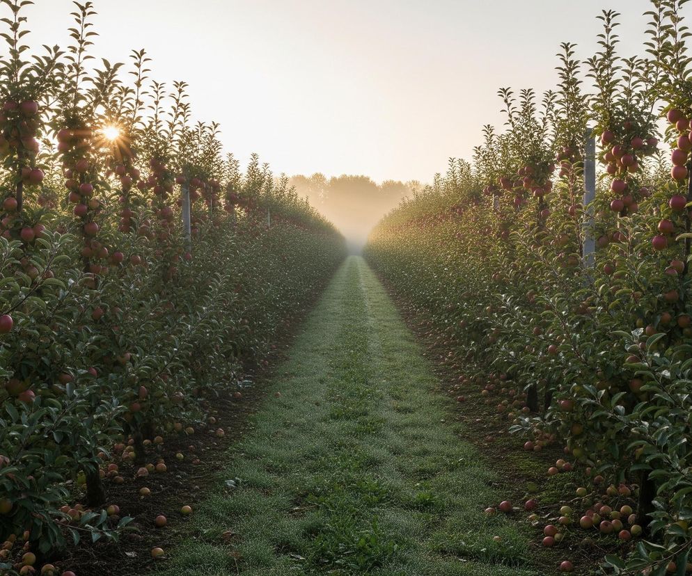 Droga biegnąca przez rozległy sad jabłoniowy, z rzędami drzew uginającymi się pod ciężarem dojrzałych, czerwonych i żółtych jabłek. Ścieżka jest pokryta zieloną trawą z widocznymi kroplami rosy, a po jej bokach leżą liczne jabłka, które spadły z gałęzi. Poranne słońce, nisko na horyzoncie, przebija się przez liście drzew po lewej stronie, tworząc wyraźne promienie światła i rozświetlając mgłę unoszącą się w oddali.