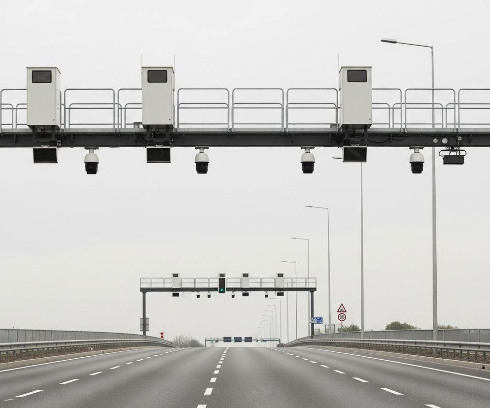 Szeroka autostrada o szarym asfalcie z białymi, przerywanymi liniami wyznaczającymi pasy ruchu rozciąga się w kierunku horyzontu pod pochmurnym, jasnoszarym niebem. Nad drogą wisi duża, ciemnoszara konstrukcja przypominająca bramownicę, wsparta na masywnych słupach po obu stronach. Na górnej platformie bramownicy umieszczono trzy białe skrzynki z niewielkimi, ciemnymi oknami, oraz liczne kamery monitorujące ruch, skierowane w dół.

Za pierwszą bramownicą widoczna jest kolejna, mniejsza konstrukcja, również z podobnymi skrzynkami i kamerami, a także zielonymi sygnalizatorami świetlnymi. Po prawej stronie autostrady znajdują się liczne, wysokie latarnie uliczne, a dalej w oddali, nad barierkami ochronnymi, widać zarys drzew i krzewów. Horyzont jest niewyraźny i rozmyty, wtapiając się w tło.