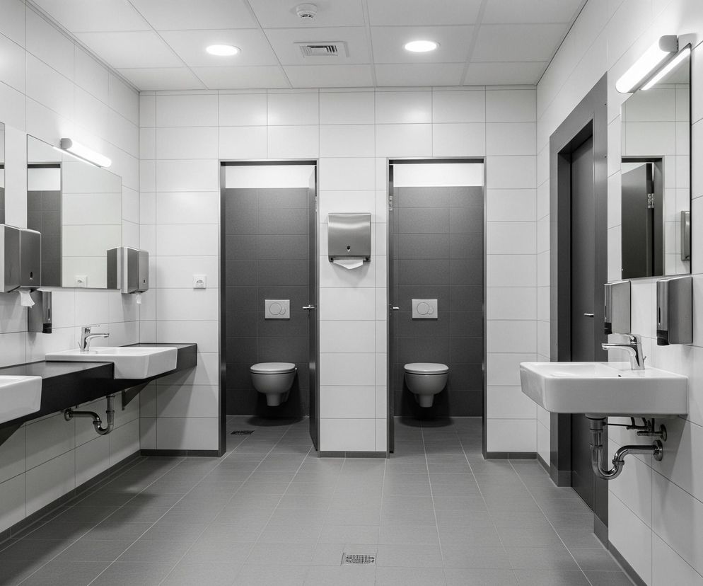 Nowoczesna toaleta publiczna utrzymana jest w czarno-białej, sterylnej estetyce, z przewagą szarych odcieni. Po lewej stronie znajdują się trzy umywalki podłużne, białe, każda z chromowanym kranem i czarnym blatem, a nad nimi wiszą lustra z poziomymi, podłużnymi lampami. Na środku widoczne są dwa otwarte wejścia do kabin toaletowych, wewnątrz których widać białe wiszące muszle klozetowe na tle ciemnych płytek. Po prawej stronie mieści się pojedyncza umywalka i wejście do kolejnej kabiny.