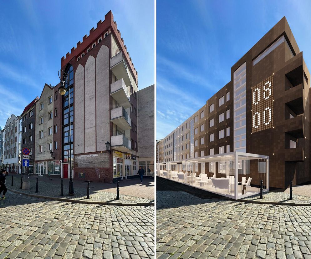 Porównanie: po lewej elewacja kamienicy z balkonami, imitująca historyczną zabudowę Gorzowa Wielkopolskiego z lat 90. po wizycie papieża. Po prawej wizualizacja modernizacji BXB Studio, ukazująca proste, modułowe fasady z mozaikami i nowocześnie oszklone ogródki gastronomiczne, o której przeczytasz na Architektura Murator Plus.