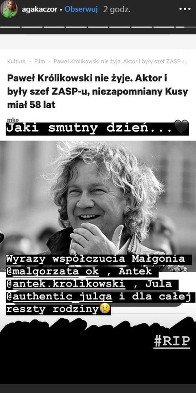 Pożegnanie Pawła Królikowskiego na Instagramie Agnieszki Kaczorowskiej