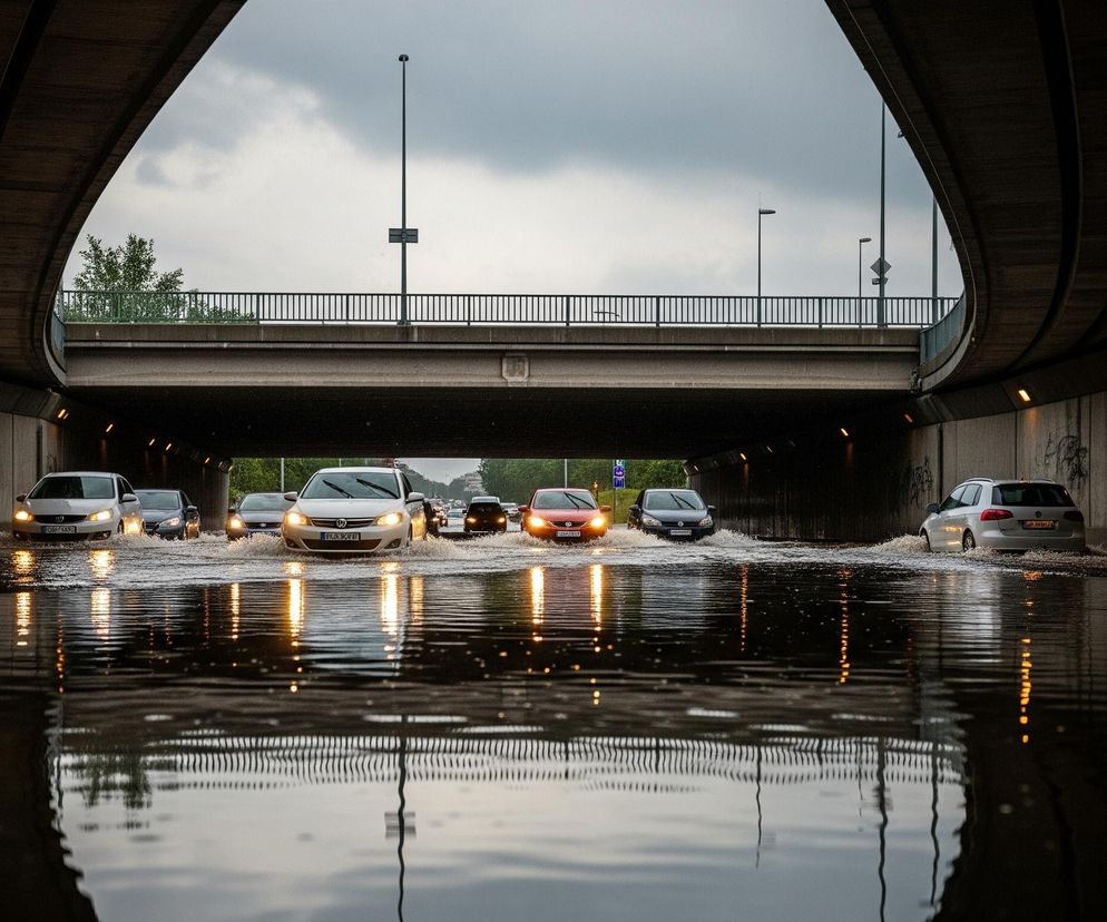 Tunel drogowy wypełniony wodą, przez który przejeżdżają samochody. Osiem samochodów jest widocznych na zdjęciu, z włączonymi światłami odbijającymi się w kałużach. Niebo nad tunelem jest zachmurzone, a zieleń drzew i barierka mostu są widoczne na górze, po lewej stronie. Ściany tunelu po bokach oświetlają pomarańczowe lampy, których światło również odbija się w wodzie.