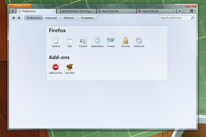 Mozilla Firefox 4 - okno ustawień