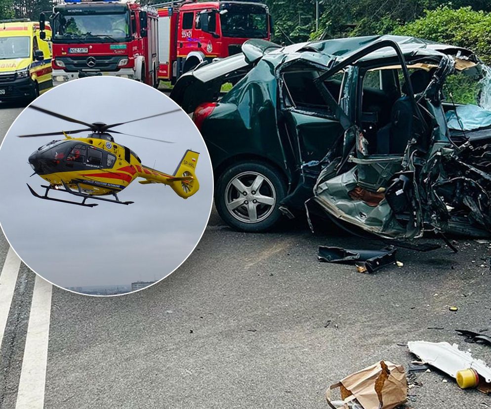 Bus zderzył się z osobówką! Śmigłowiec na miejscu. Poważne utrudnienia