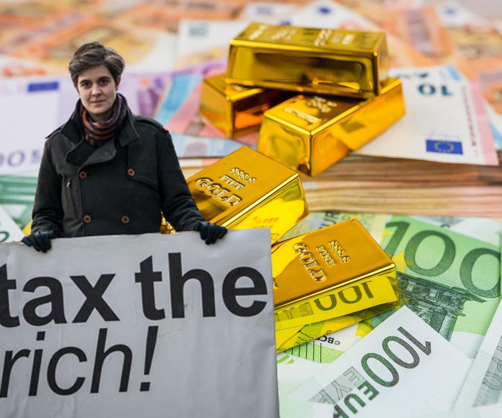 Austriacka milionerka Marlene Engelhorn w tle euro i złoto