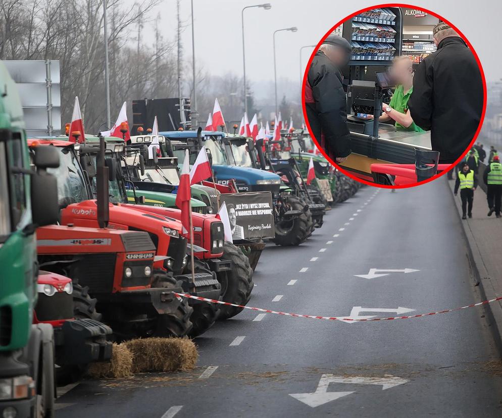 protestujący rolnicy i pracownik Biedronki na kasie