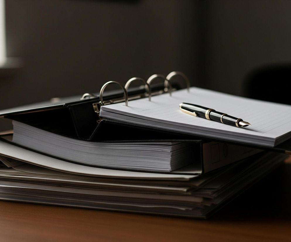 Na drewnianym biurku leży stos dokumentów, segregatorów i otwarty notatnik. Na wierzchu otwartego, czarnego segregatora z metalowymi ringami, spoczywa pióro wieczne z czarnym korpusem i złotymi elementami, położone na kartkach w linie. Po lewej stronie w tle znajduje się rozmyte okno, wpuszczające jasne światło. Reszta tła jest ciemna i rozmyta.