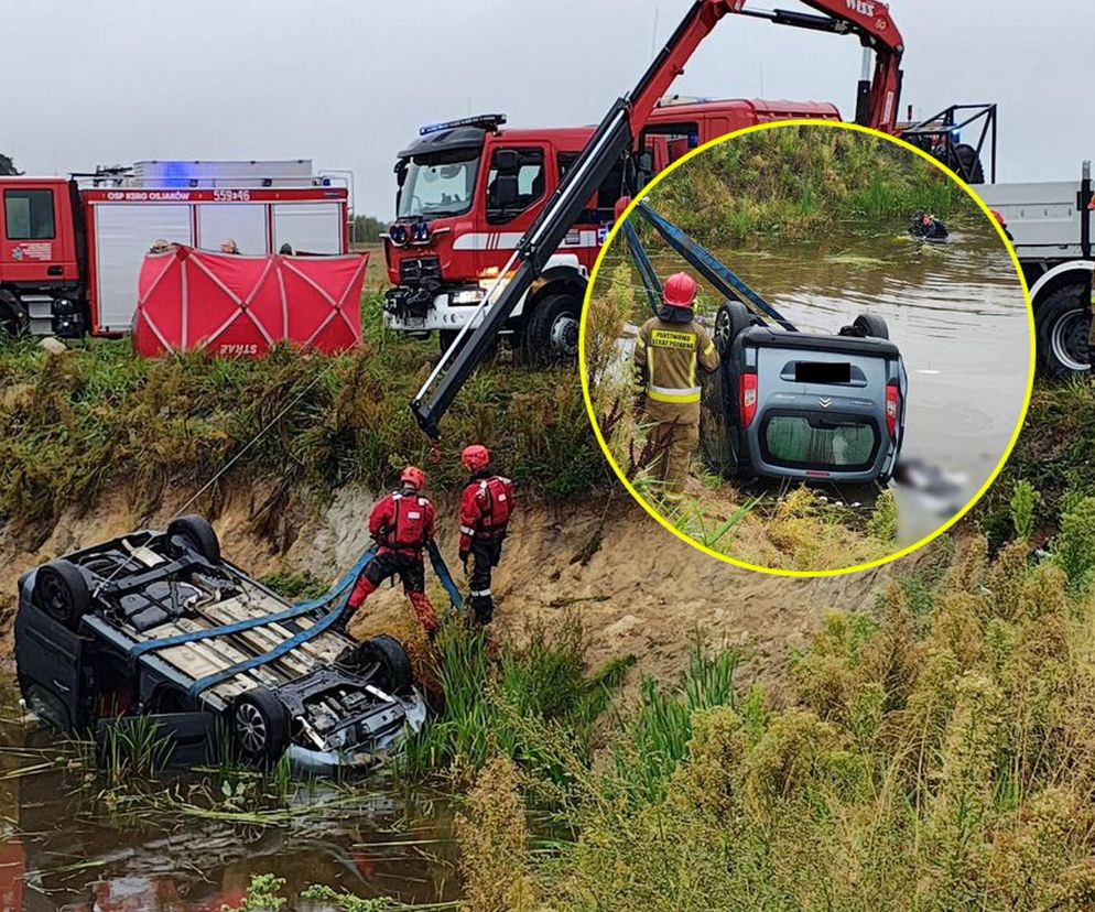 Makabra pod Wieluniem. Samochód zatonął w stawie, w środku zwłoki dwóch mężczyzn