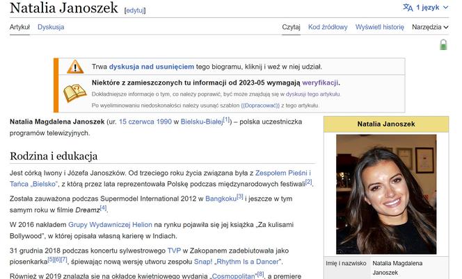 Wikipedia weryfikuje życiorys Natalii Janoszek