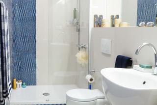 Biała łazienka z niebieską mozaiką
