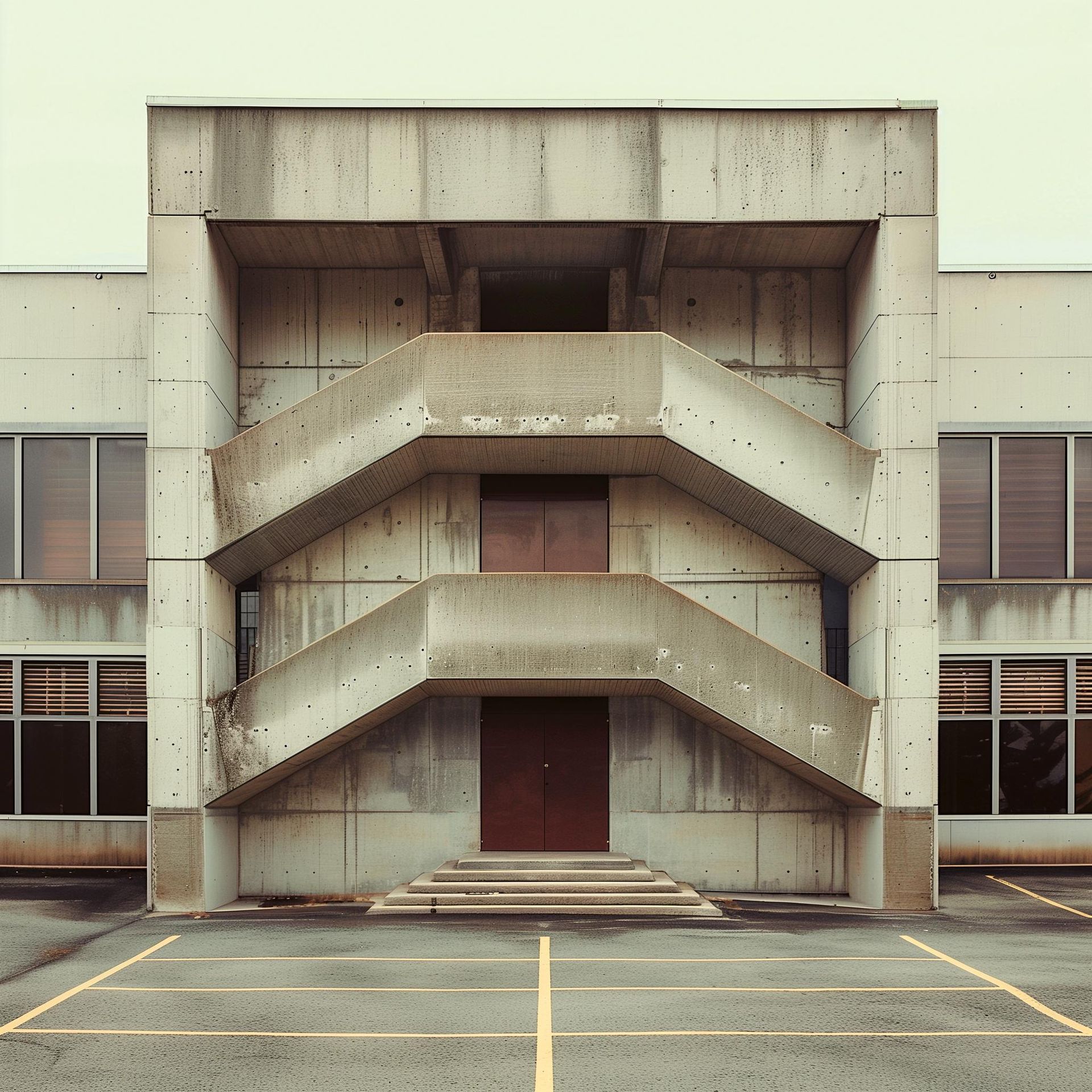 Midjourney 6.1; efekty pracy sztucznej inteligencji po wpisaniu promptu: Photo  of architecture, three-storey parking lot in the style of Thomas Jefferson