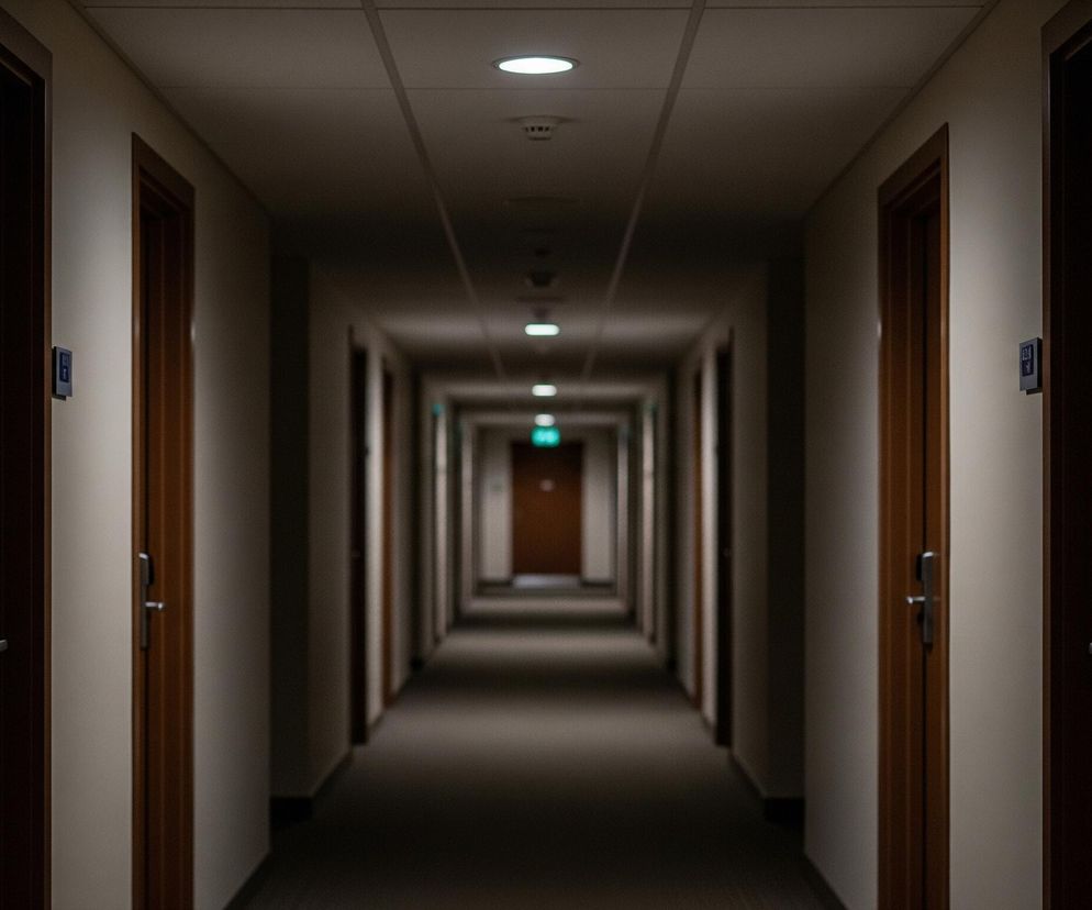 Długi, wąski korytarz hotelowy rozciąga się w głąb obrazu, tworząc wrażenie perspektywy zbieżnej. Po obu stronach widoczne są brązowe, drewniane drzwi prowadzące do kolejnych pokoi, rozmieszczone symetrycznie wzdłuż białych ścian. Sufit, o barwie zbliżonej do ścian, wyposażony jest w szereg okrągłych, białych świateł punktowych, które oświetlają drogę, a także pojedynczą zieloną tabliczkę z piktogramem wyjścia ewakuacyjnego, widoczną w oddali. Podłoga pokryta jest ciemnym dywanem, który wraz z oddalaniem się korytarza staje się coraz ciemniejszy i mniej szczegółowy.