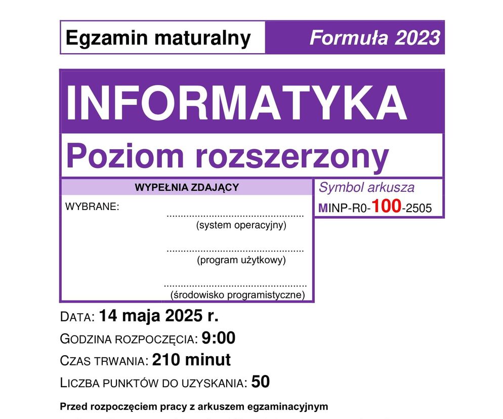 Matura 2025 informatyka rozszerzona - arkusz CKE 14.05.2025 - Formuła 2023