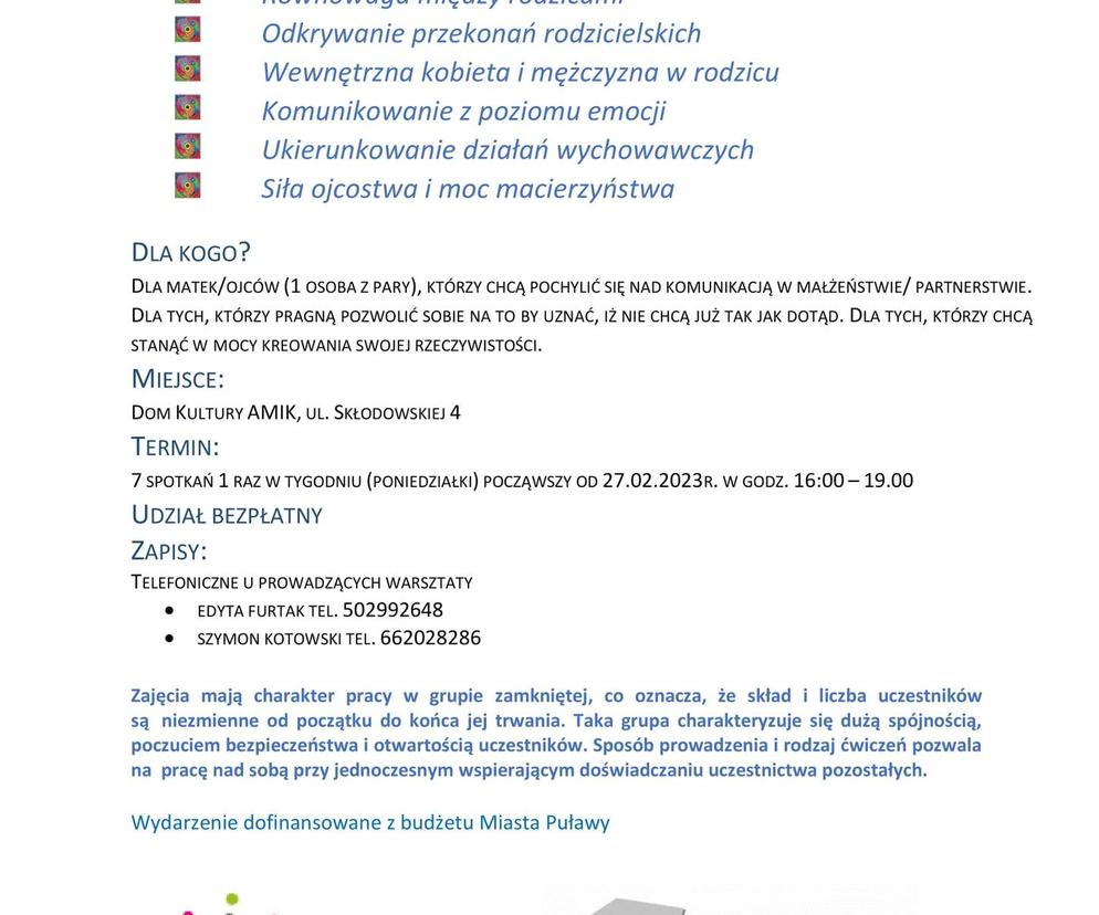  Bezpłatne warsztaty dla rodziców w Puławach - plakat wydarzenia 