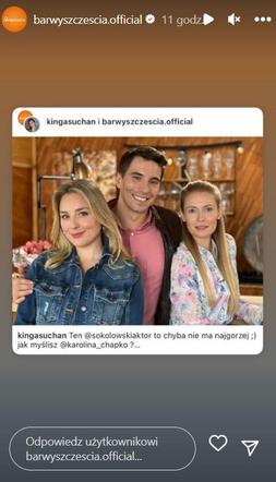Barwy szczęścia. Tomasz Kępski (Jakub Sokołowski), Dominika (Karolina Chapko), Grażyna (Kinga Suchan)	