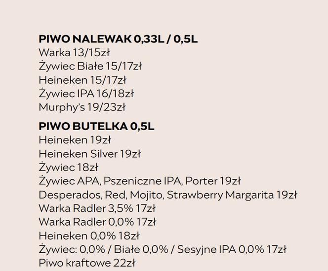 ceny piwa w restauracji Lewandowskiego