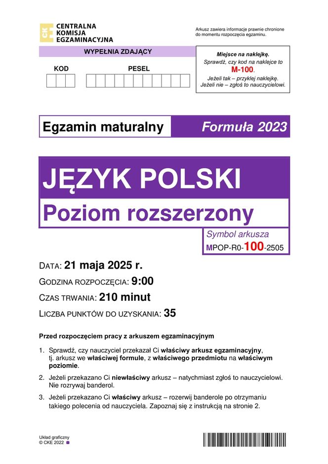 Matura polski rozszerzony 2025  - ARKUSZE CKE do pobrania [21.05.2025]