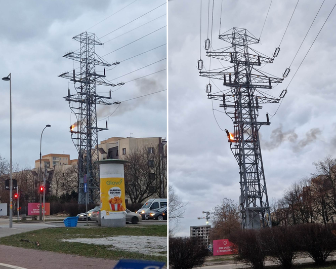 Zapłonął słup energetyczny na warszawskim Gocławiu