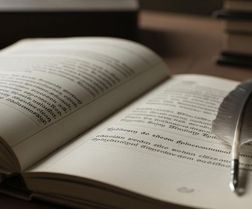 Otwarta księga o jasnych stronach z czarnym tekstem leży na ciemnym drewnianym stole. Na prawej stronie księgi, na tekście, spoczywa czarne pióro z metalową końcówką. W tle, po lewej stronie, widać część ciemnej okładki innej, zamkniętej książki, a po prawej, rozmazane, kolejne ułożone w stos woluminy. Całość oświetlona jest łagodnym, ciepłym światłem.